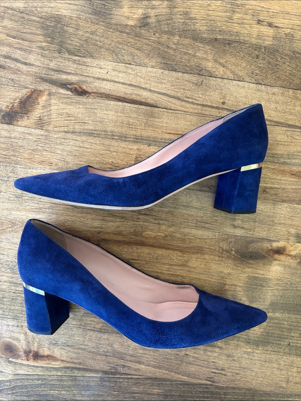 Kate Spade Dolores Too Cobalt Blue Suede and Gold Block Heel Shoes